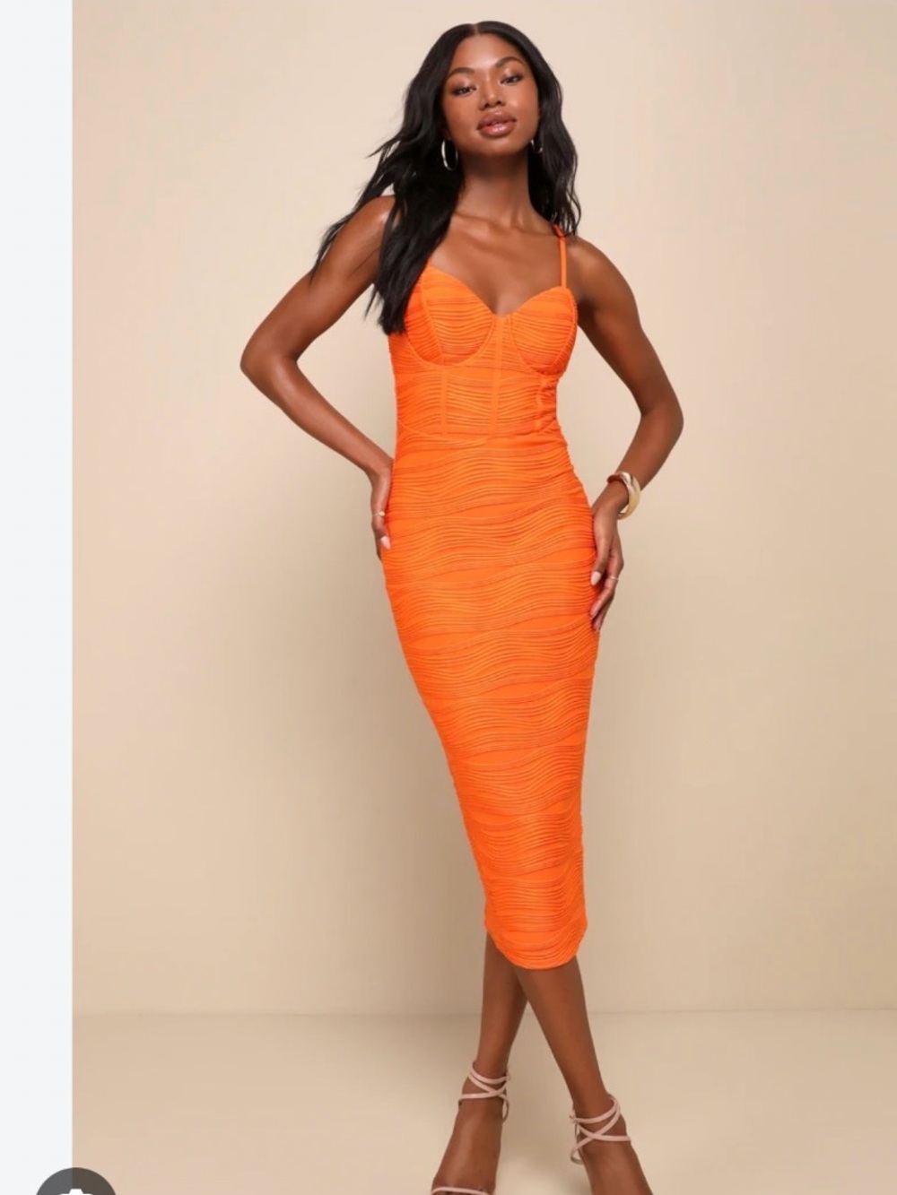 Lulus Undeniable Icon Orange Textured Bustier Bodycon Midi Dress